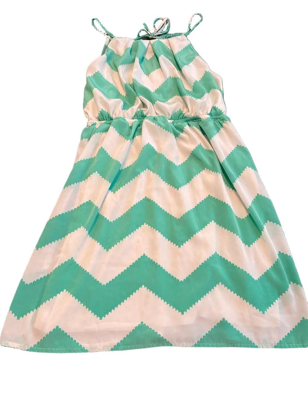 Alya Chevron Dress Spaghetti Straps Mint Green White Lined Elastic Waist M